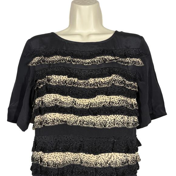 Tory Burch Beaded Silk Dress Tiered Sheath Black Tan Short Sleeve Heavy - 6 - Picture 1 of 11